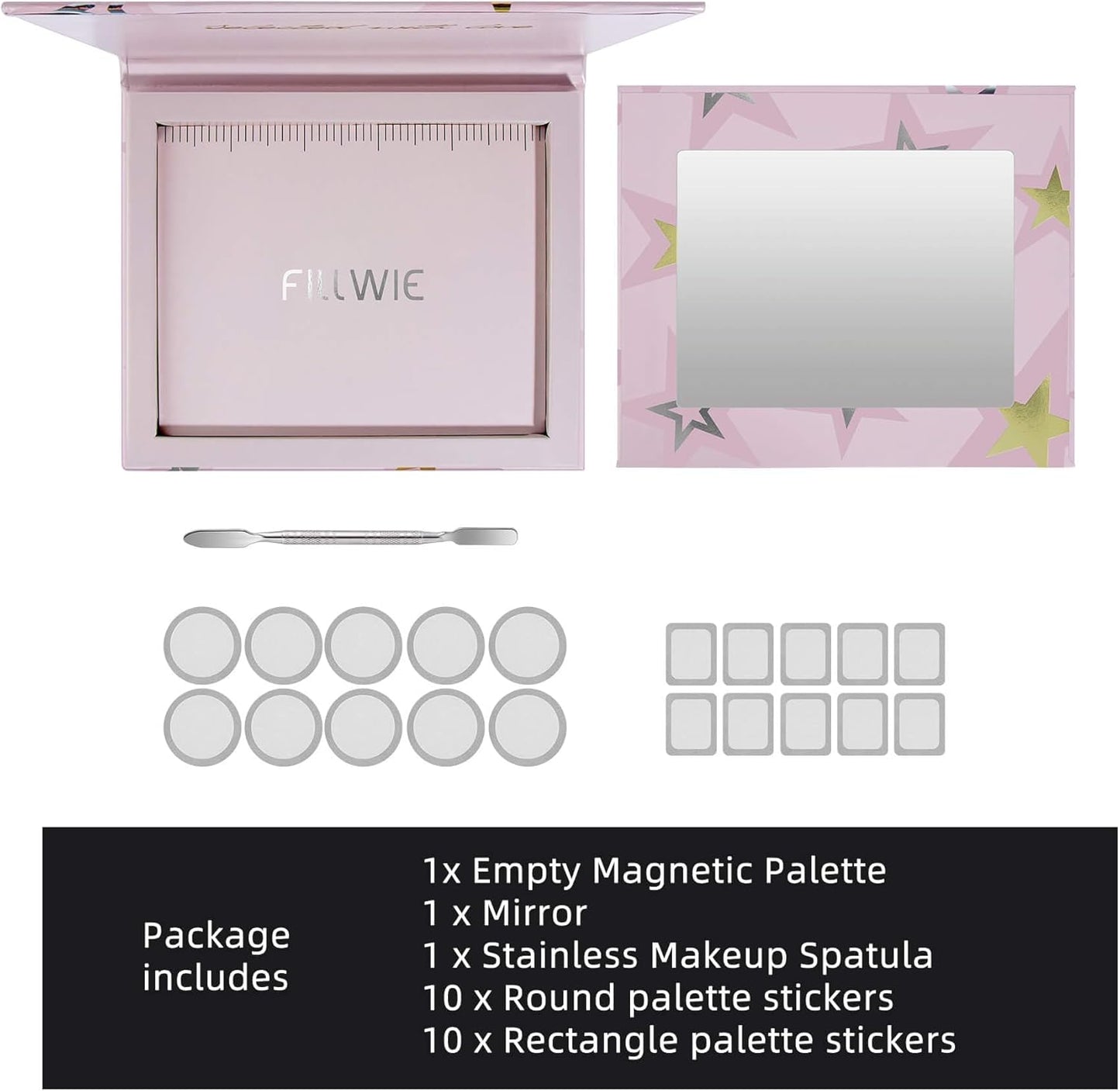 Magnetic Empty Makeup Palette with Mirror – Customizable Refillable Case for Eyeshadow, Blush, Lipstick, Highlighter – Lightweight, Waterproof, with Spatula & 20 Metal Stickers (Pink, Medium)