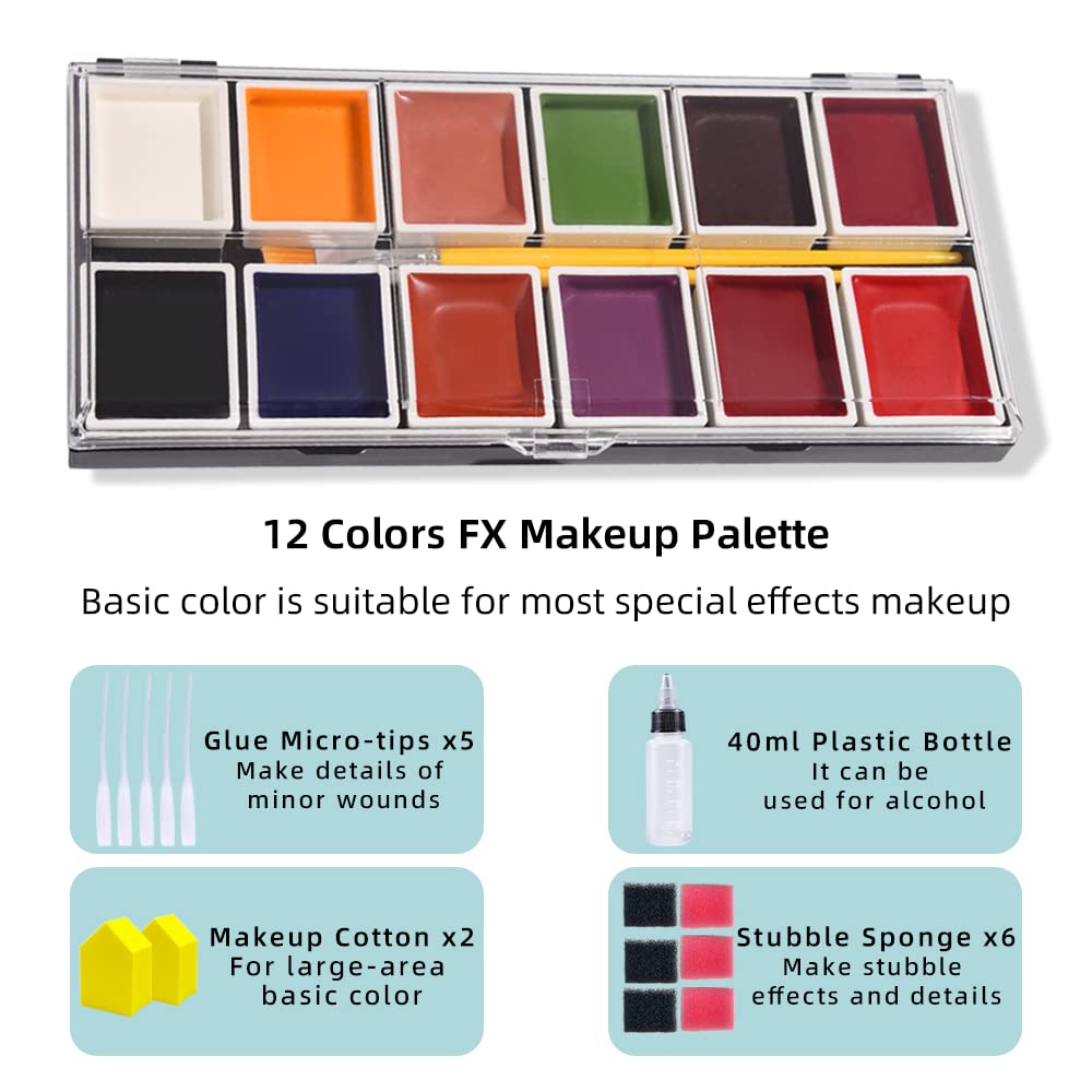 12 Colors Alcohol Activated Makeup Palette Set with Mimic Wound Sponge Makeup Egg for SFX Makeup Halloween Makeup