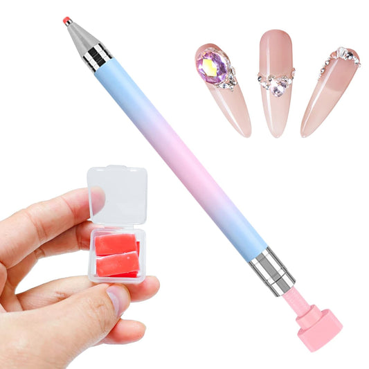 WOKOTO 1 PCS Nail Art Rhinestone Picker Pens With 1 Box Spare Silicone Clay Tool Blue Pink Gradient Rotating Push Nail Diamond Art Painting Dotting Pen Refillable Wax Pen For Nails Gems Picker Tool