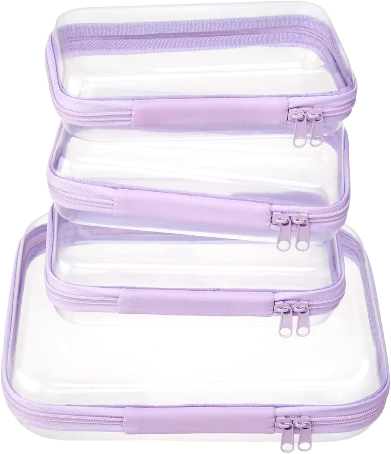 4 pcs Clear Zipper Pouches,Hard Shell Zipper Case, Toiletry Bag for Travel, CLear Diaper Bag, Toiletry Pouch, Travel Organizer, Clear Cosmetic Bag,Toy Storage Bins (M+3S) (Lavender)