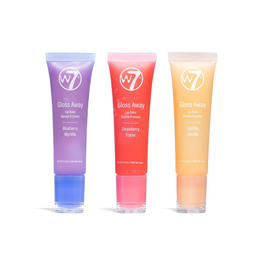W7 Gloss Away Lip Balm Trio - 3 Piece Set - Nourishing Lips Balms With Shea Butter - Blueberry, Vanilla, Strawberry