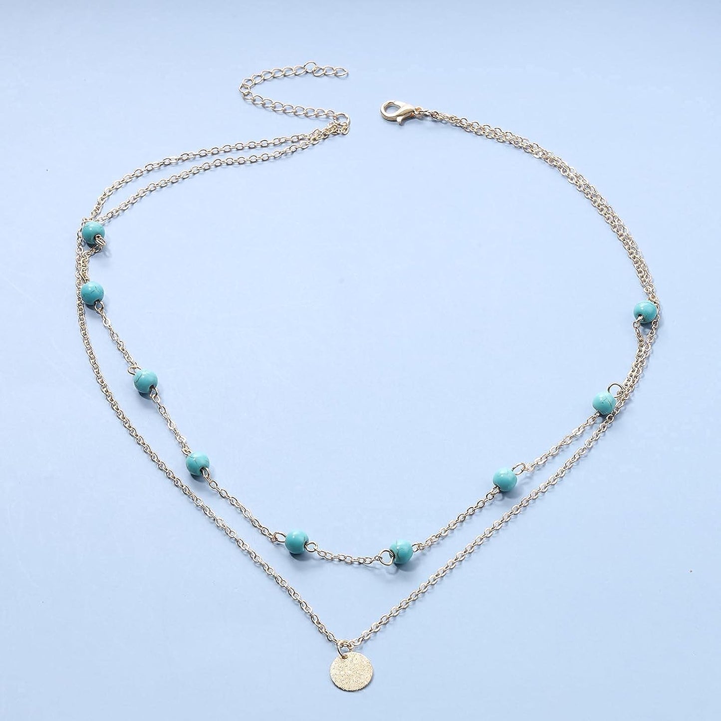 Boho Layered Coin Turquoise Necklace Gold Hammered Coin Disc Pendant Necklace Vintage Necklace Chain Jewelry for Women