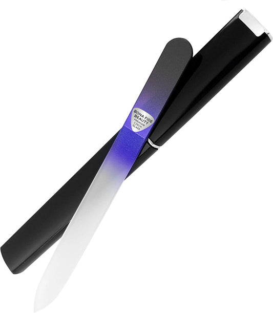 Bona Fide Beauty Glass Nail File with Hardcase, 1Piece Manicure Glass Fingernail Files in Black Cobalt. Made in The EU. Strong Reusable Nail Files