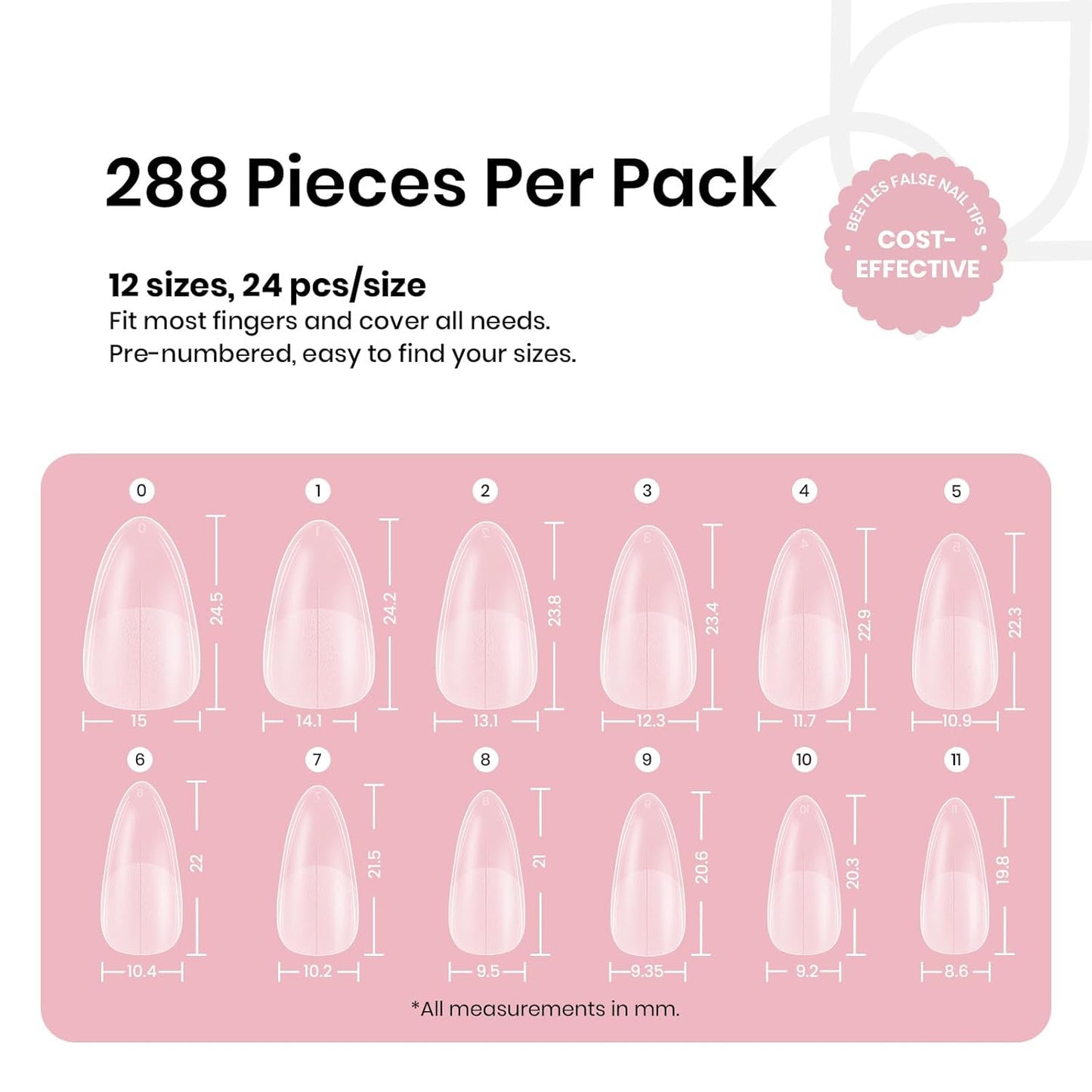 Beetles Medium Almond Nail Tips: 288PCS Medium Almond Matte Clear False Acrylic Press on Nails Tips 12 Sizes Pre-shape Full Cover Nail Tips Nail Extension DIY Valentines Day Gifts for Women