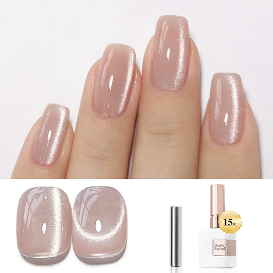 Double Rhythm Cat Eye Gel Polish with Magnet 15ML Holographic Glitter Shimmer Translucent Jelly Color 0.5 OZ Magnetic Gel Polish Salon DIY at Home (Nude-MC1057)