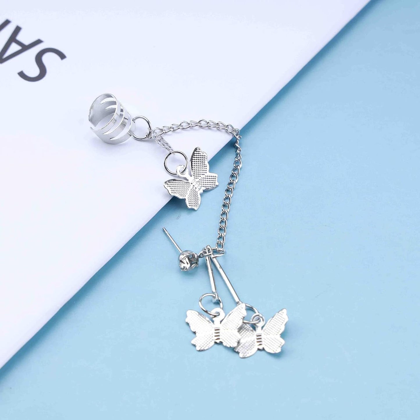 Silver Butterfly Chain Tassel Cuff Earrings Vintage Long Butterfly Hinge Dangle Drop Earrings Single Butterfly Ear Clips Statement Butterfly Crawler Cuff Earrings Jewelry for Women Girls