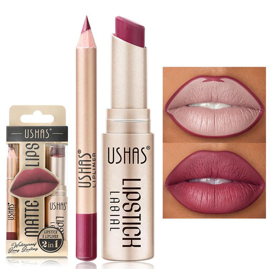 USHAS Lipstick and Lip Liner Combo Set 2 in 1 Waterproof Lipstick for Women Lip liner Set Long Lasting Lipstick, Matte Lipstick Pen with Lip Liner Set Makeup Kits (G2, Pack of 1)