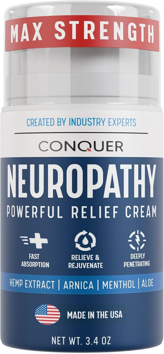 Conquer Neuropathy Cream | Fast-Acting Nerve Pain Relief for Feet and Hands | Long Lasting Cooling for Burning and Itching | Natural Ingredients Including Arnica, Menthol, Aloe Vera, Hemp