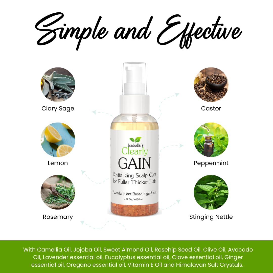 Isabella's Clearly GAIN, Hair Thickening Serum for Men and Women | Natural Herbal Scalp Oil with Castor, Jojoba, Clary Sage, Rosemary, Nettle Extract for Hair Loss, Thinning Hair | Made in USA