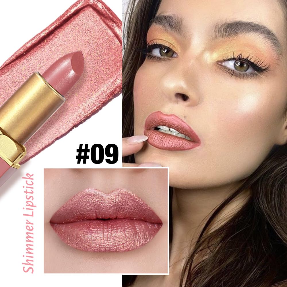 Nude Metallic Lipstick Lip Gloss for Women,Lightweight Shimmer Frosted Long Lasting Lipstick,Glitter Lip Stain Waterproof Smudge Proof 24 Hour Full Coverage Lip Makeup,Vegan