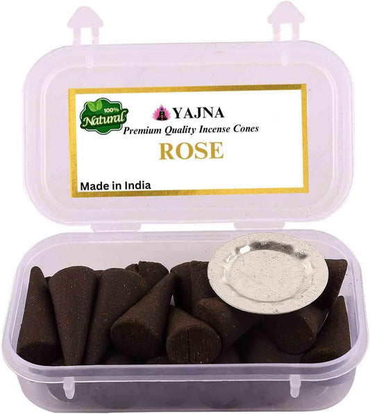 Yajna Rose 100%-Natural-Incense-Cones Handmade-Hand-Dipped Organic-Chemicals-Free for-Purification-Relaxation-Positivity-Yoga-Meditation The-Best-scents (20 Count)