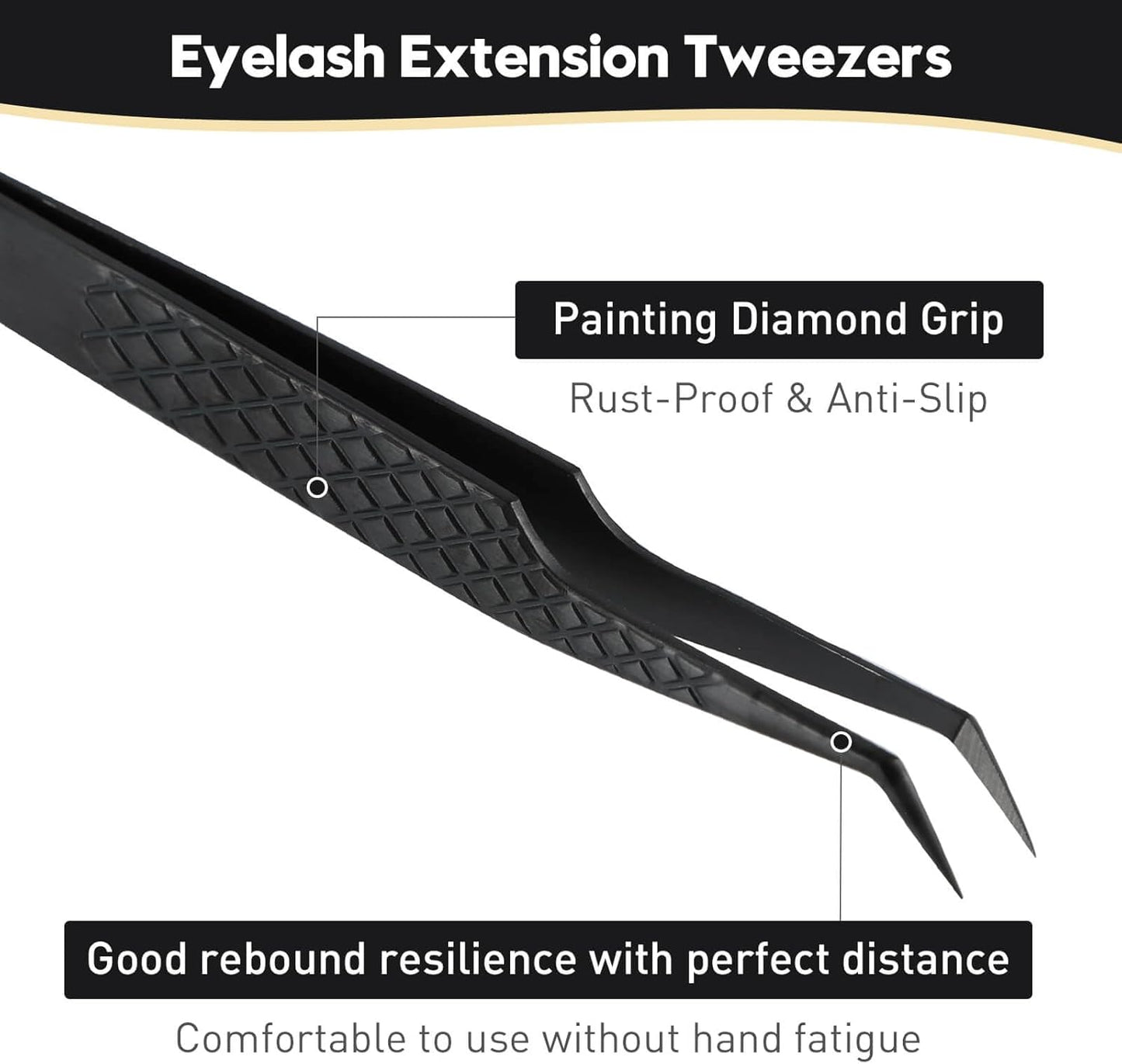 Ms.Queen Lash Extension Tweezers, Professional 45 Degree Fiber Grip Tweezers for Eyelash Extensions,Black
