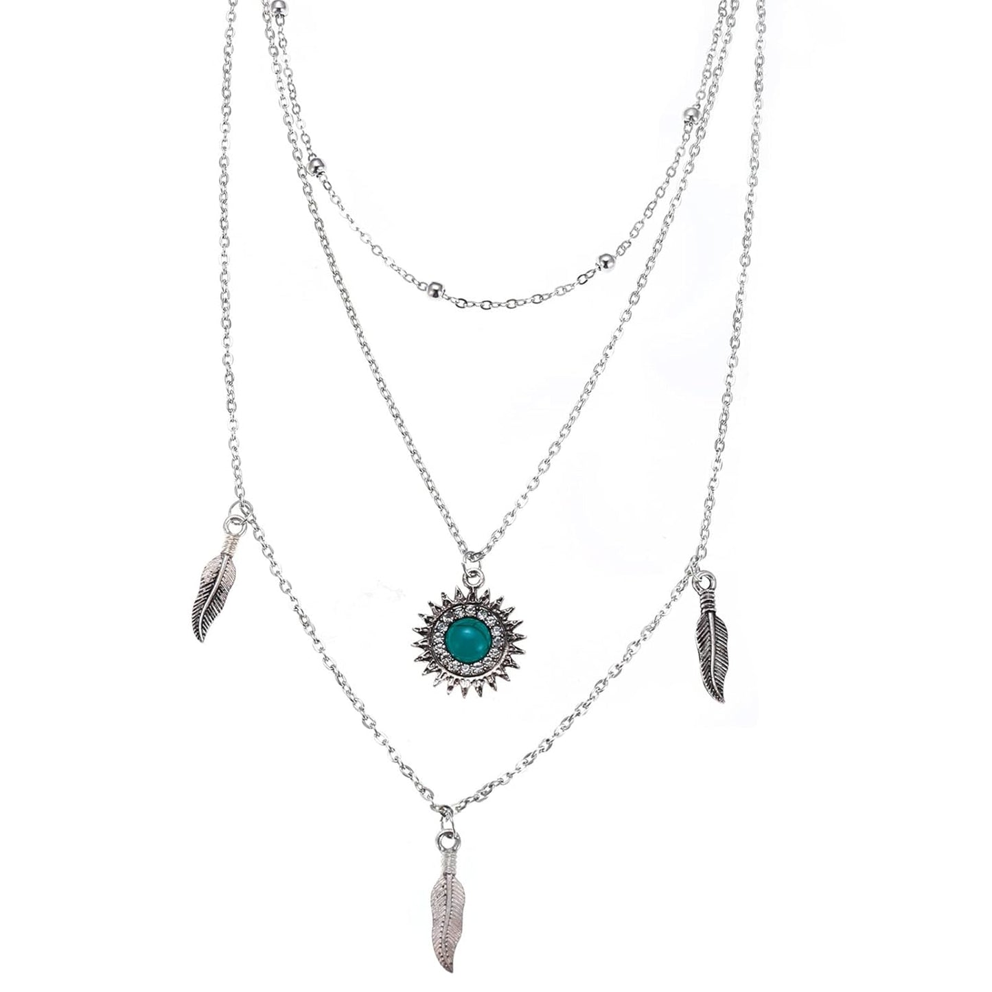 Boho Layered Feather Choker Necklace Turquoise Pendant Necklace Chain Vintage Crystal Paved Sun Necklace Silver Sunflower Necklace Jewelry for Women and Girls