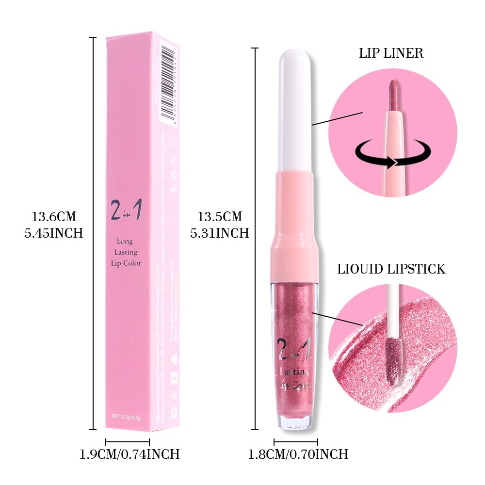 evpct Warm Pink Metallic Glitter Lip Liner and Lipstick Combo Lip Gloss Stain Set Makeup for Women Long Lasting Waterproof 24, Baby Pink Metallic Shimmer Frosted Iridescent Glossy Liquid Lipstick 12