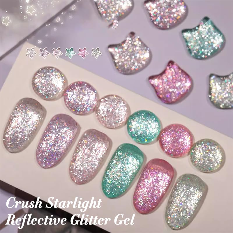 Born Pretty Reflective Glitter Gel Nail Polish, 6 Spring Light Colors Holographic Gel Polish Long Lasting Sparkly Shiny Nail Polish U V Set for Manicure and Nail Art, DIY at Home, Salon-Quality 7ml