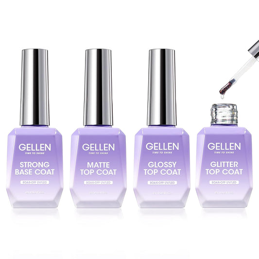 Gellen Gel Top and Base Coat, 4pcs 18ml No Wipe Matte Glossy Glitter Gel Top Coat, Clear UV Base Coat Gel Nail Polish, Soak Off Nail Lamp Gel Base Top Coat Long Lasting Home Gel Manicure