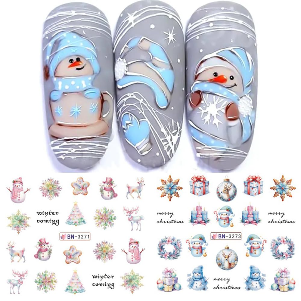 Christmas Nail Art Stickers Decals Winter Snowflake Snowman Acrylic Nail Decals Santa Claus Holographic Water Transfer Nail Foils Cute Gingerbread Man Xmas Tree Elk Penguin Sticker for Women DIY Nails