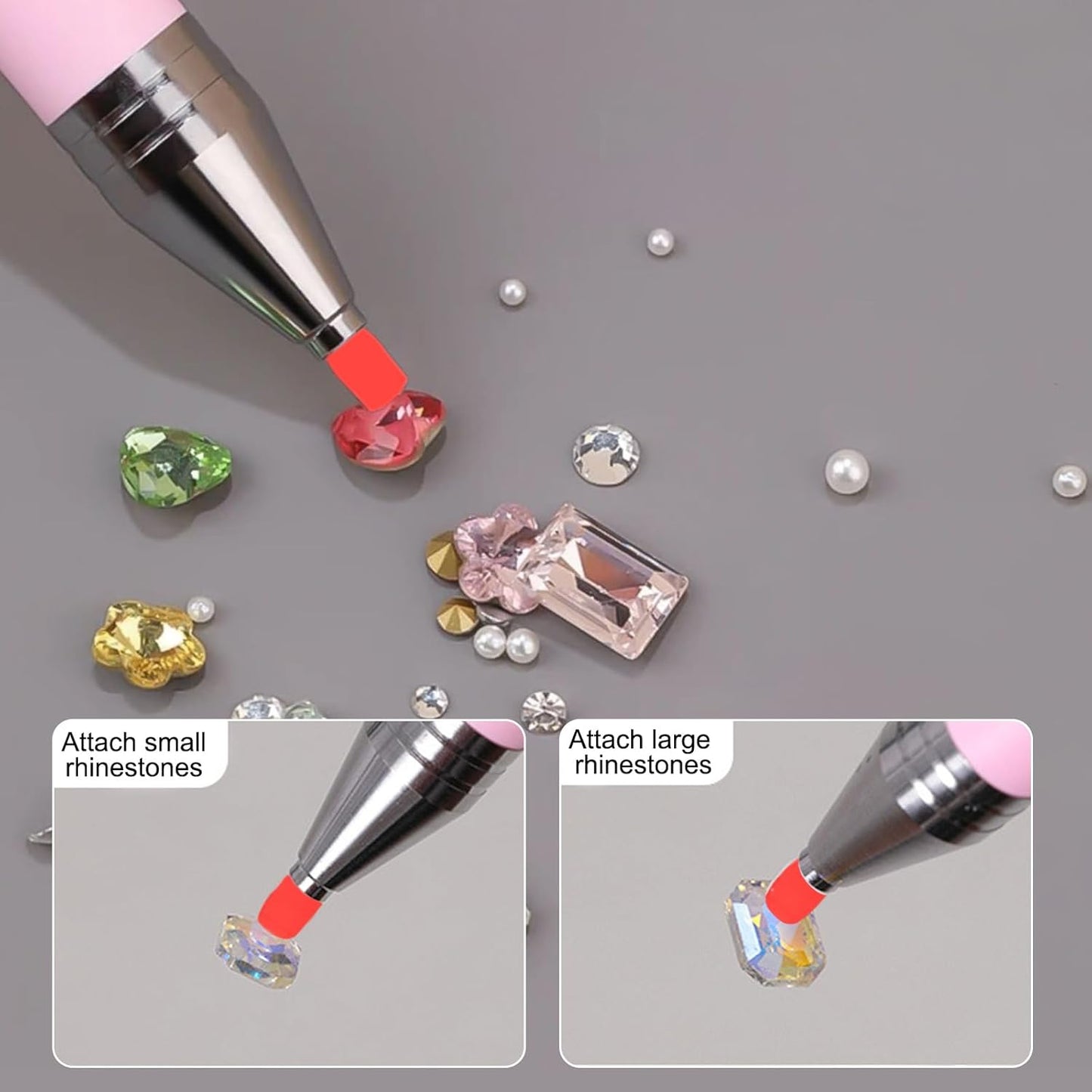 WOKOTO 1 PCS Nail Art Rhinestone Picker Pens With 1 Box Spare Silicone Clay Tool Pink&White Gradient Rotating Push Nail Diamond Art Painting Dotting Pen Refillable Wax Pen For Nails Gems Picker Tool