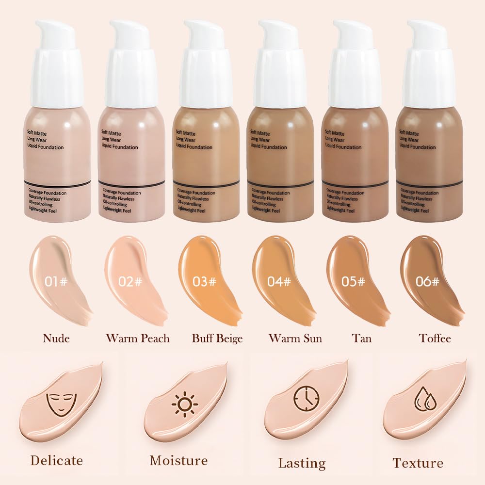 Matte Liquid Full Coverage Foundation, Flawless Soft Matte 24HR Oil Control Full Coverage Foundation Makeup for Women, Long-Lasting Waterproof Full Coverage, 04#Warm Sun (04, Pack of 1)