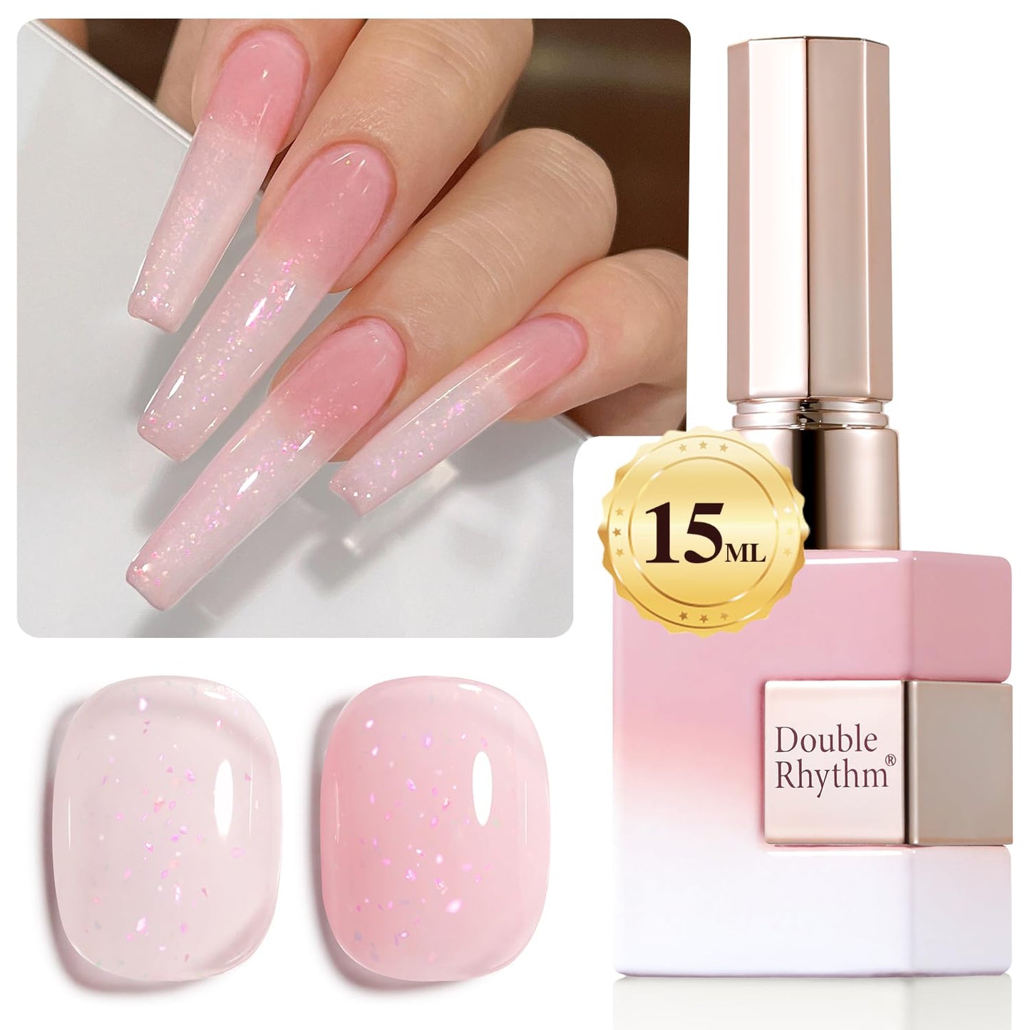 Double Rhythm Gel Polish Translucent Sheer Neutral Natural Light Milky Same Color Same Bottle 15ML Jelly Polish Art DIY at Home (Milky Pink Glitter-A1379)