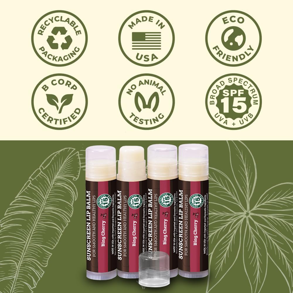 Earth's Daughter SPF Lip Balm Cherry Flavor 4-Pack - Lip Sunscreen, SPF 15, Organic Ingredients, Beeswax, Coconut Oil, Vitamin E - Hypoallergenic, Paraben Free, Gluten Free