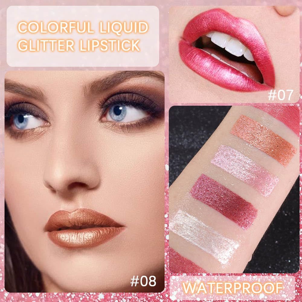 evpct 6Pcs Rose Bronze Gold Nude Pink White Dark Maroon Red Metallic Shimmer Glitter Lip Gloss Liquid Lipstick Set for Women Long Lasting Waterproof 24, Pearlescent Sparkly Glossy Lipsticks Lip Makeup