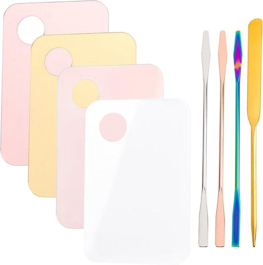 Framendino, 4 Pack Acrylic Cosmetic Makeup Palette Tray with 4 Pack Foundation Spatula Makeup Mixing Palette for Foundation Lipsticks Nail Art Beauty Salon