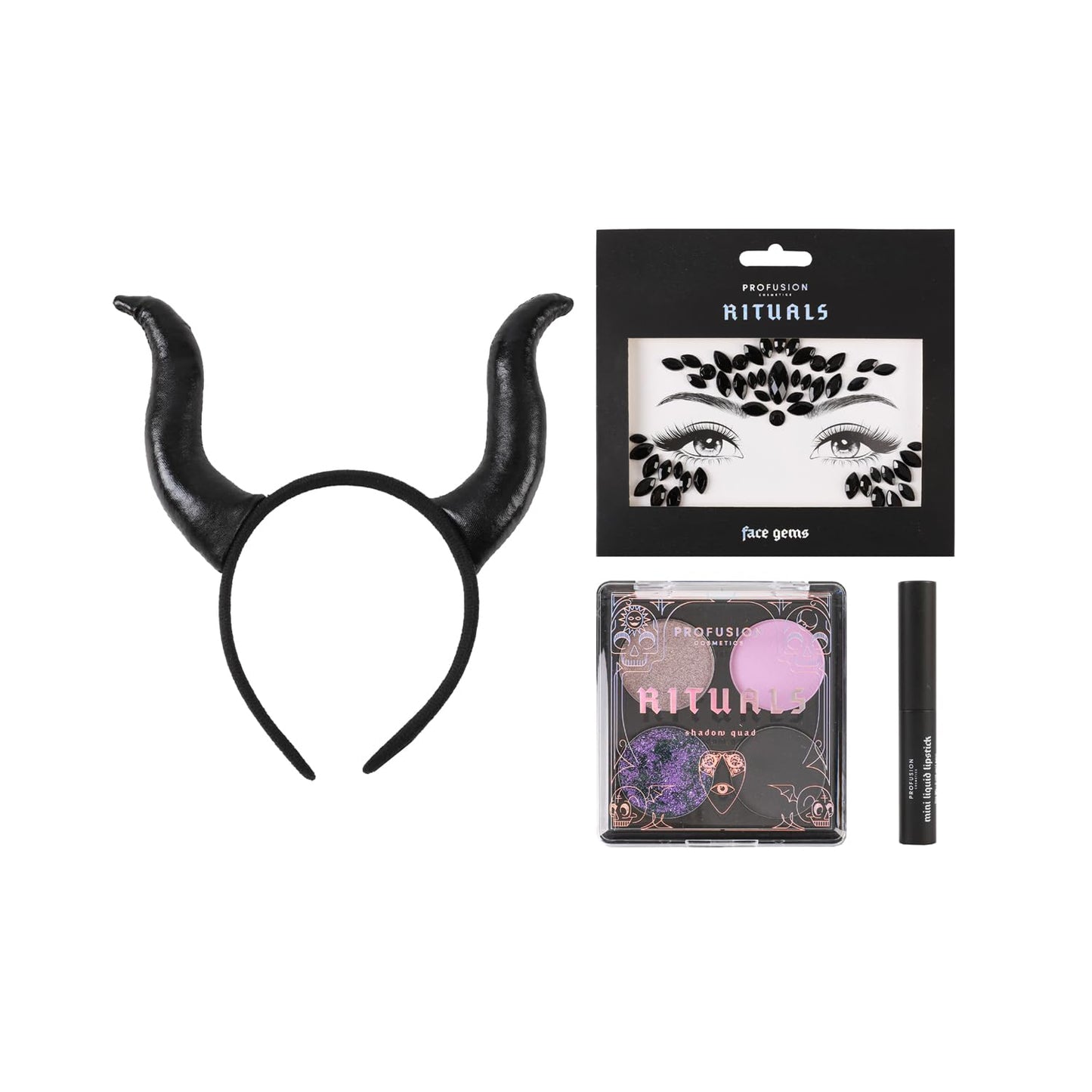 Profusion Cosmetics Rituals 4 PC Look Kit Includes Face Gems, Shadow and Glitter Quad, and Eyeshadow Brush, Along With Somber Matte Black Liquid Lipstick, Magical Beauty for Fairy Witches