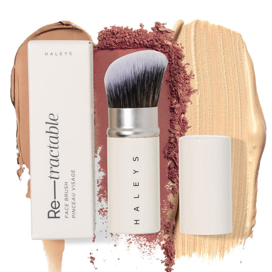HALEYS Retractable Face Brush, VEGAN Dense, Angled Bristles & Adjustable Sleeve, Portable Makeup Brush for Quick, Easy Streak-Free Blending of Liquids, Creams, Powders, Travel-friendly Mess-Free Cap