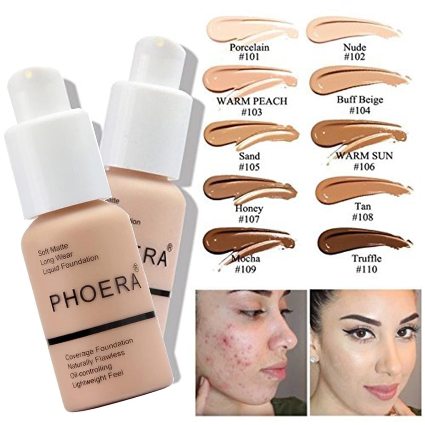 PHOERA Foundation, PHOERA Matte Liquid Foundation,PHOERA Makeup for Women, PHOERA Foundation Full Coverage Concealer, 30ml 24HR Matte Oil Control Concealer (107- Hone*2)