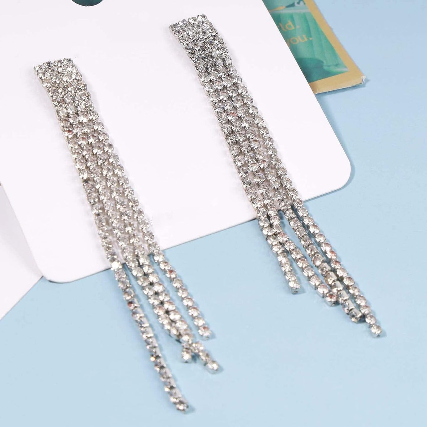 Boho Rhinestone Tassel Earrings Long Fringe Drop Dangle Earrings Silver Crystal Chain Tassel Earrings Vintage Chandelier Chain Studs Earrings Luxury Statement Earrings Jewelry for Women and Girls Gifts