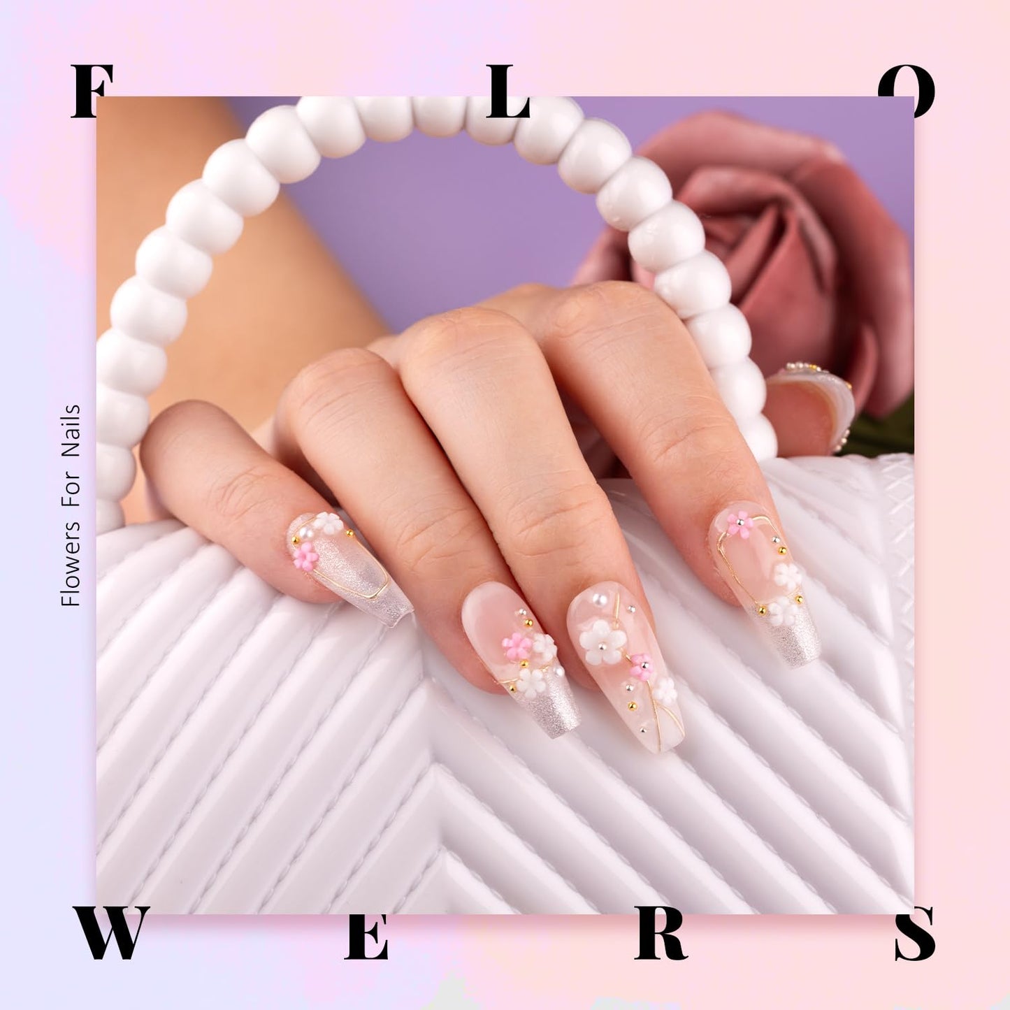 3D Flowers Manicure Gems with Nail Rhinestone Glue Gel, White Pink Acrylic Flower Charms Caviar Beads, Rhinestones for Nails Gem (UV/LED Needed) Dotting Tools