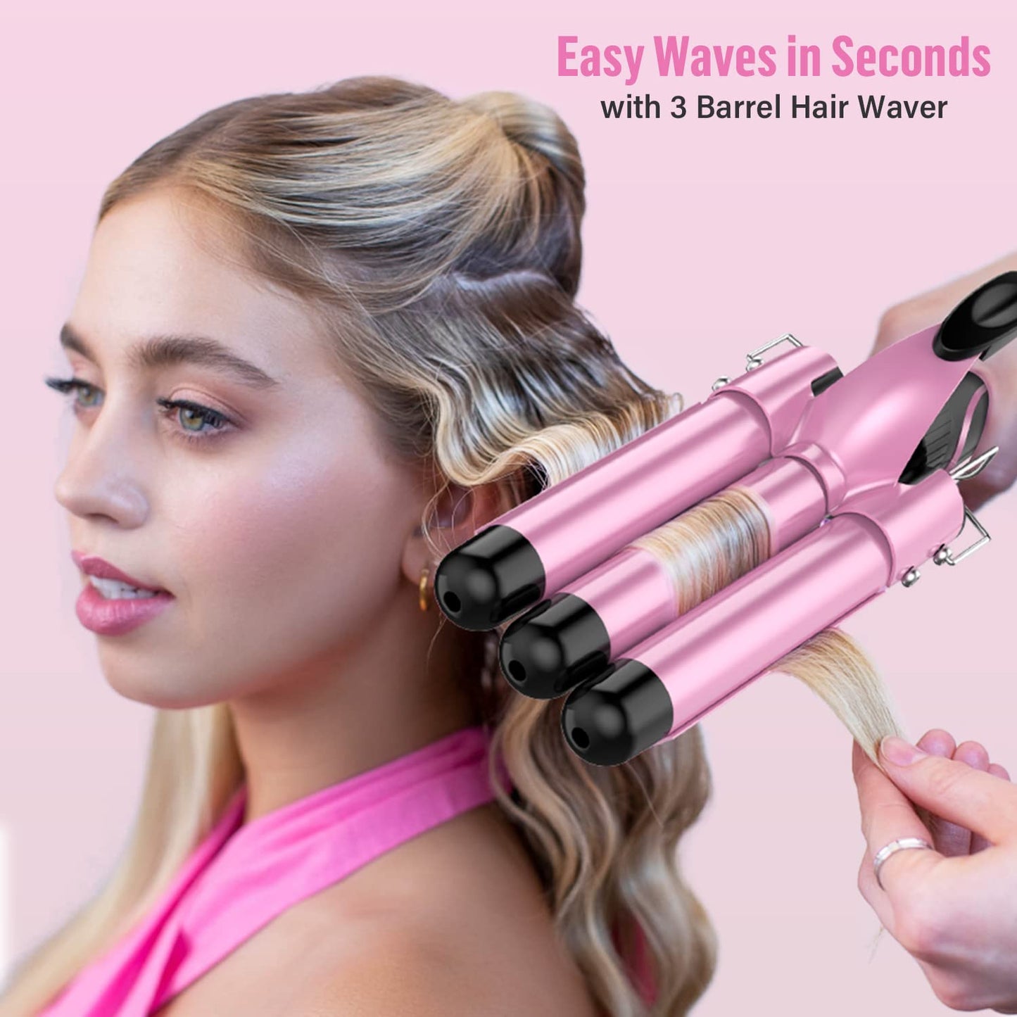 Waver Curling Iron Wand - BESTOPE PRO 5 in 1 Curling Wand Set with 3 Barrel Hair Crimper for Women, Fast Heating Crimper Wand Curler in All Hair Type, Women Gifts - Pink