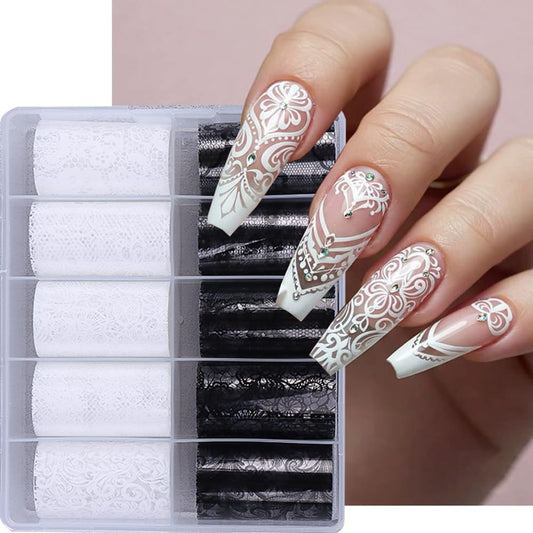 Lace Nail Art Foil Transfer Stickers Black White Flower Foil Transfers Decals Nail Supplies Starry Sky Lace Flowers Nail Foils Nail Art Adhesive Transfer Foils Sticker for Women Girls Manicure Tips