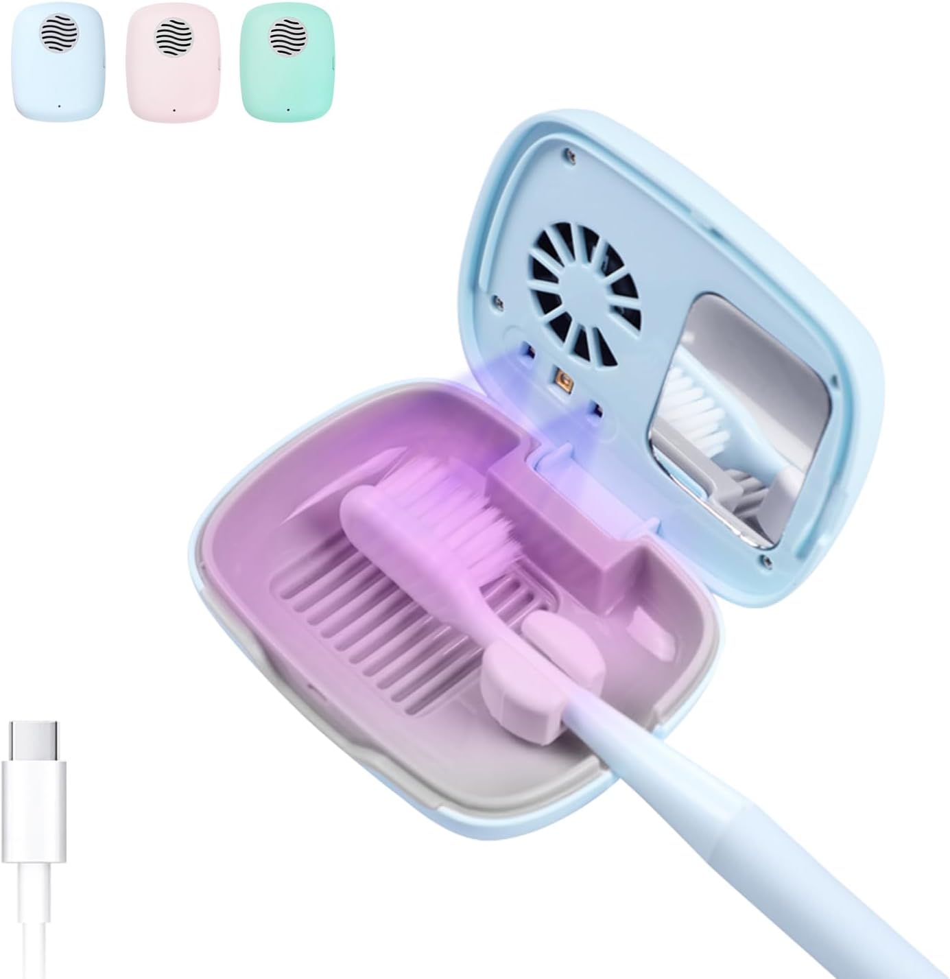 Toothbrush Holder, Toothbrush Cleaner Case, Portable USB Charging Toothbrush Cover with U V-C Light, Travel Toothbrush Holder (Blue-Fan)