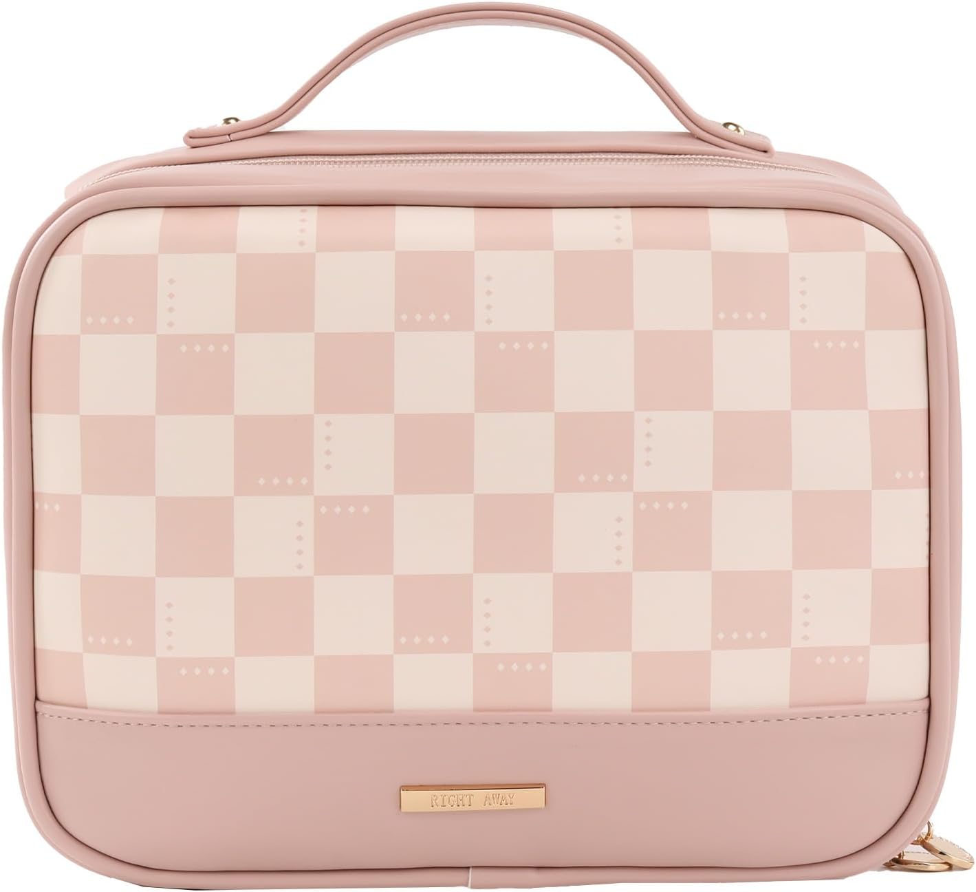 RIGHT AWAY Travel Toiletry Bag for Women, Waterproof Makeup Bag&Case, Portable Cosmetic Organizer Checkered Make up Bag for Full Sized Toiletries，Cosmetics and Travel-Size Accessories,Pink Checkered