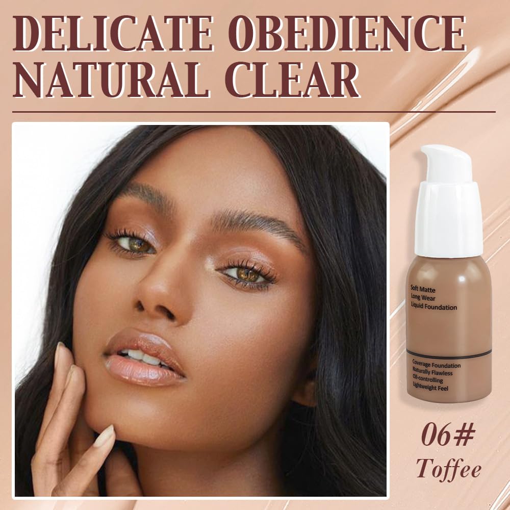 Matte Liquid Full Coverage Foundation, Flawless Soft Matte 24HR Oil Control Full Coverage Foundation Makeup for Women, Long-Lasting Waterproof Full Coverage, 06#Toffee (06, Pack of 1)