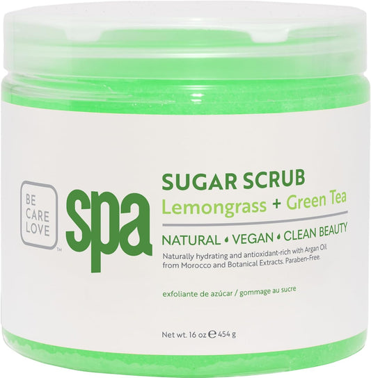 Be Care Love Spa Sugar Scrub Lemongrass + Green Tea to moisturize, detoxify and purify skin for acne-prone, oily, or damaged skin.16 oz