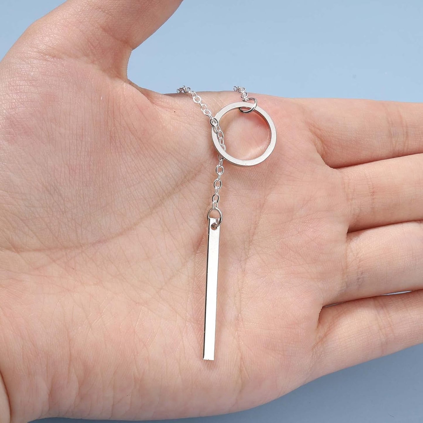 Boho Circle Bar Lariat Necklace Silver Drop Bar Y Necklace Open Circle Necklace Long Vertical Bar Necklace Chain Jewelry for Women and Girls Gifts