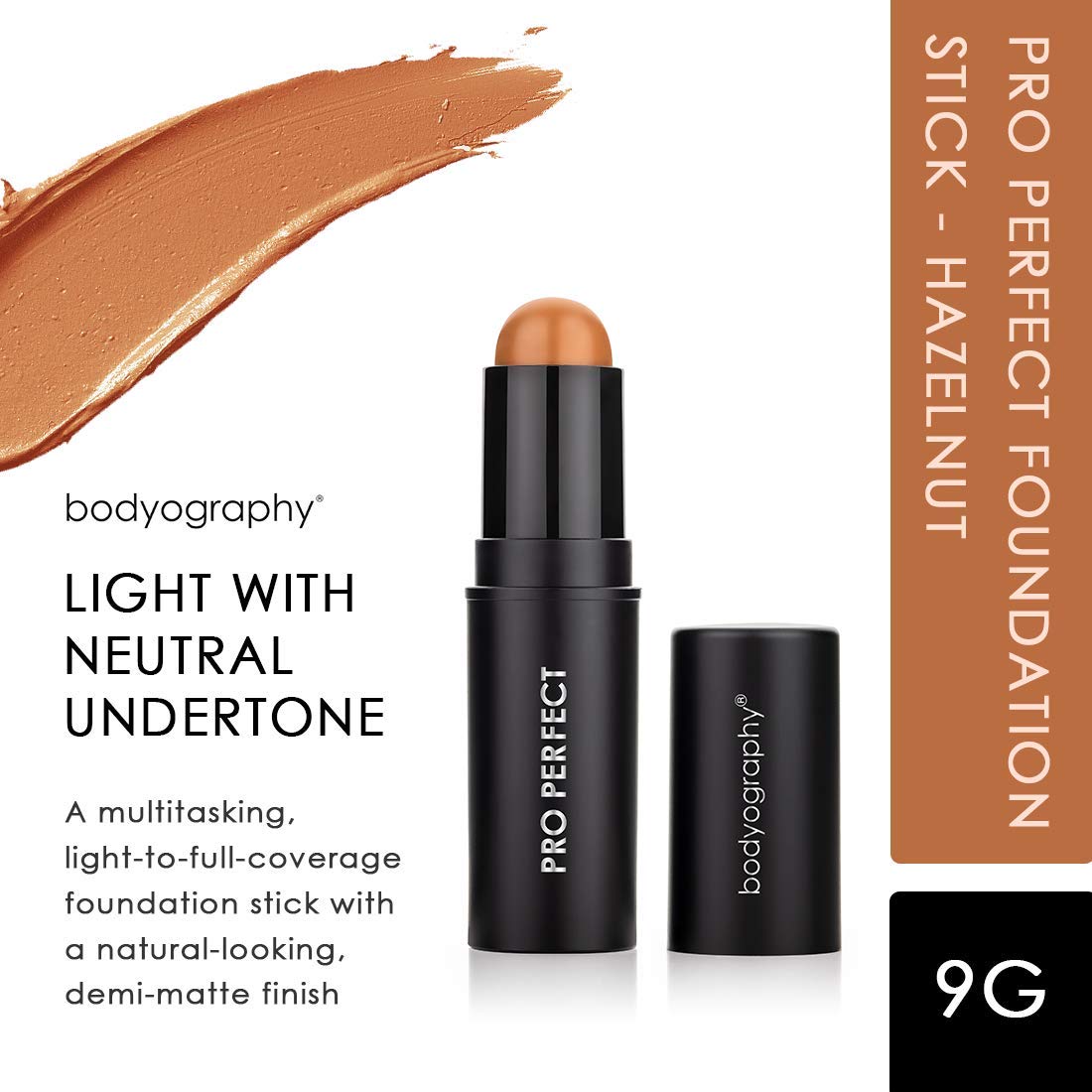 Bodyography Pro Perfect Foundation Stick - Demi-Matte Finish with A Natural Look - Enhancer for Concealing, Highlighting, and Contouring - Vitamin C & E (Hazelnut)