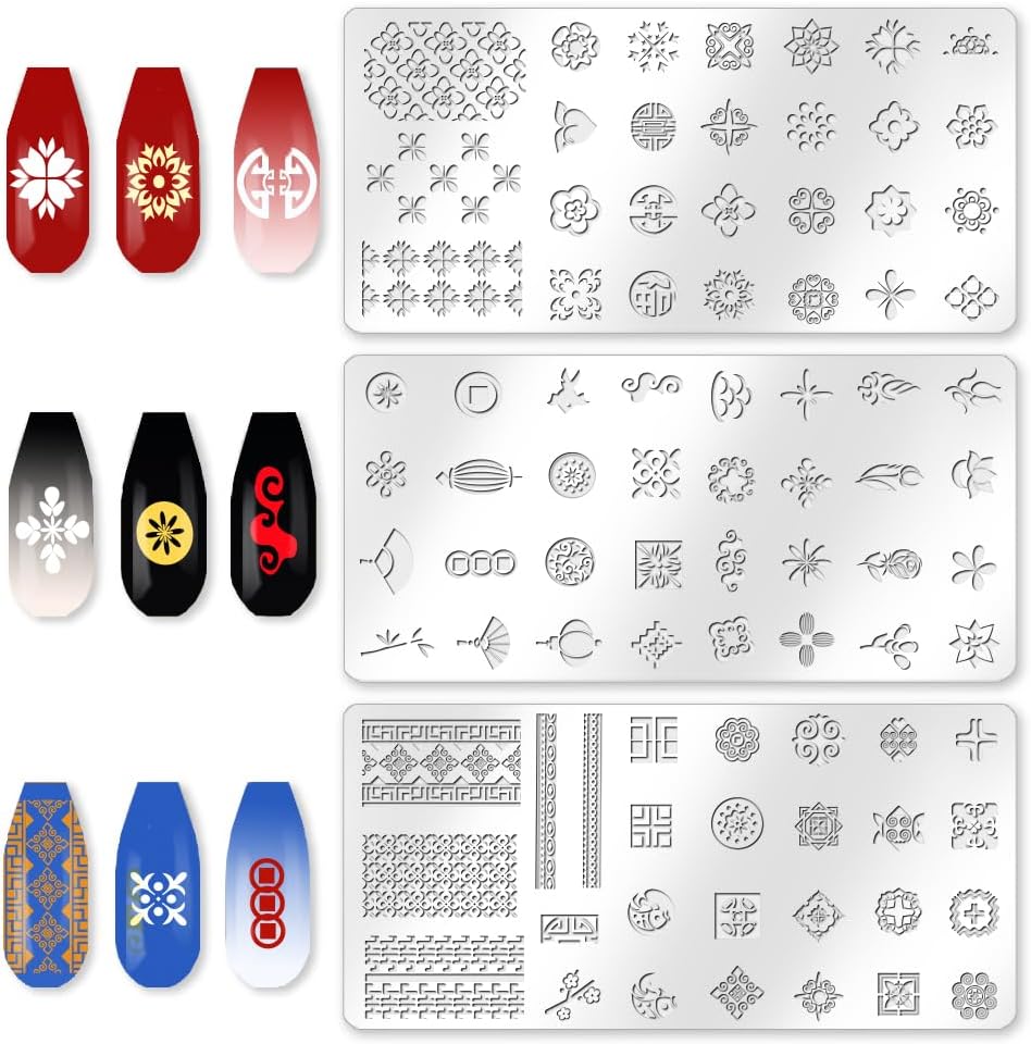 3Pcs Chinese Style Nail Stamping Plate Set Lucky Words Lanterns Bamboo Steel Nail Stamp Templates Clear Silicone Nails Stamping with Stamper Scraper for Manicure Printing