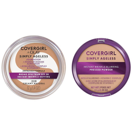 COVERGIRL Simply Ageless Instant Wrinkle-Defying Foundation Creamy Natural 0.44 Fl Oz & Instant Wrinkle Blurring Pressed Powder Classic Ivory 0.39 Oz
