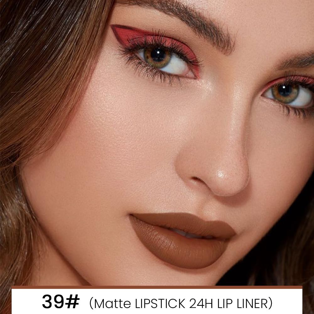 evpct 1Pcs Dark Deep Brown Matte Lip Liner and Lipstick Combo Set Kit for Women, Magic Neutral Lipsticks 24 Hours Original Lipstick and Lips Liner Pencil Stain Gloss Makeup Long Lasting Waterproof