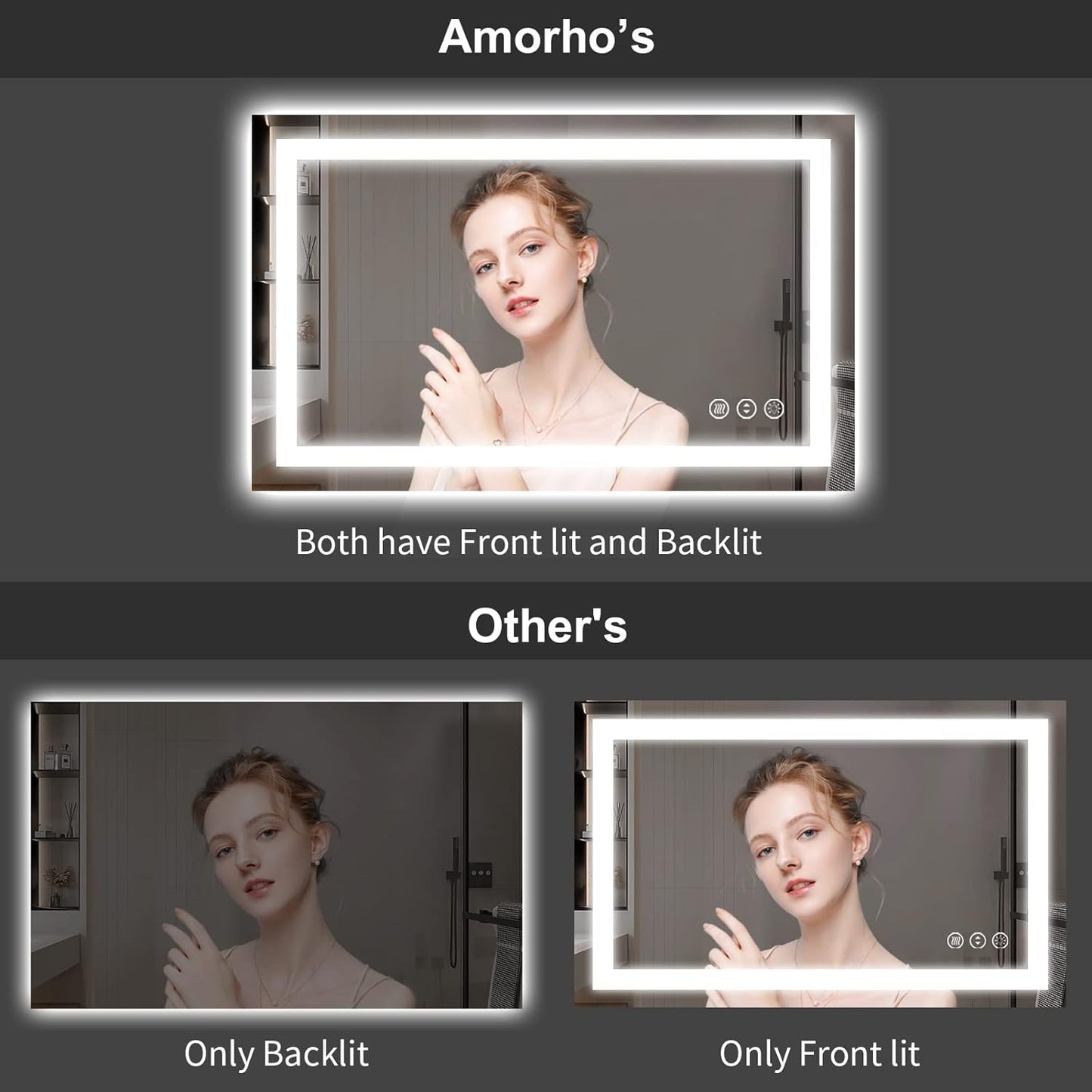 Amorho 72''x 40'' LED Mirror for Bathroom with Front and Backlight, Large Dimmable Wall Mirrors with Anti-Fog, Shatter-Proof, Memory, 3 Colors, Double LED Vanity Mirror