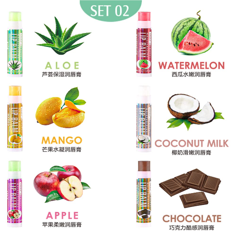 evpct 6Pcs Classic Fruit Flavour Flavored Lip Balm Set for Lip Care Chafed Chapped Cracked Lips,Natural Vitamin E Honey Aloe Vera Watermelon Mango Coconut Milk Apple Chocolate Moisturizing Lip Balm 2