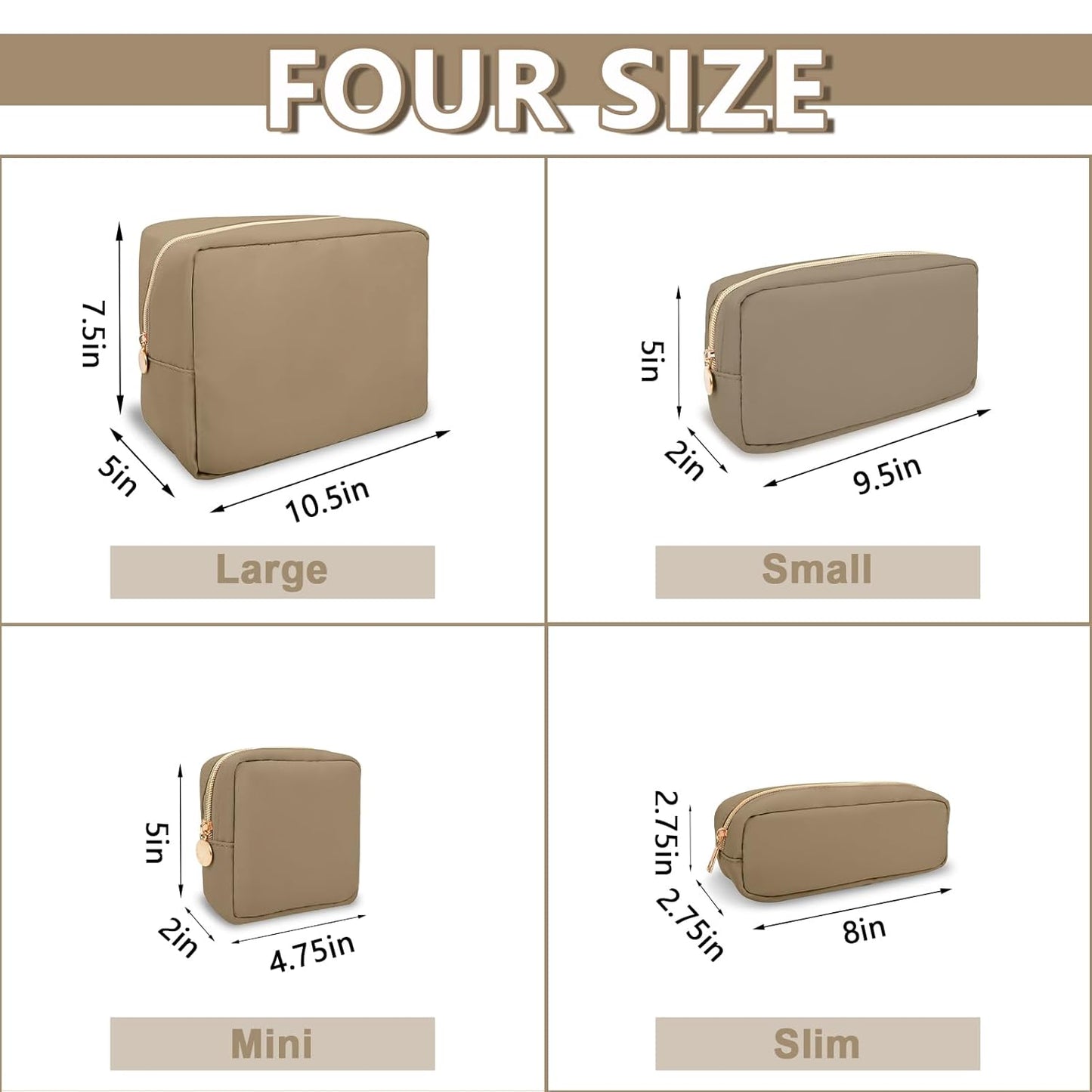 Large Makeup Bag Pouch,Nylon Women Travel Toiletry Storage Bag Preppy Cosmetic Bag for Girls,Big Makeup Organizer Bag Cute Zipper Pouch Skincare Bag for Sport Work Gift(Large-Khaki)