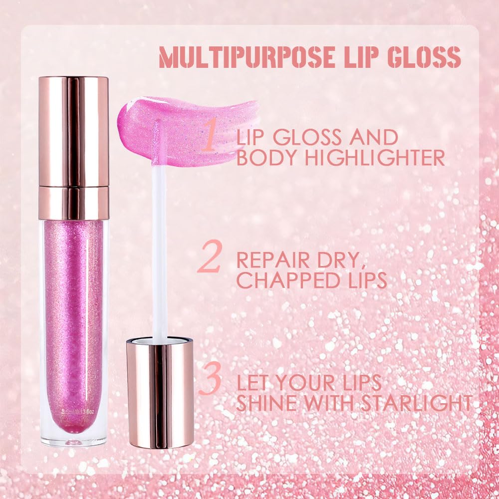 evpct 1Pcs Pink Pearlescent Chameleon Shimmer Glitter Lipstick Lip Gloss, Long Lasting Waterproof Glitter Metallic Sparkly Glossy Lip Gloss Tint Liquid Lipsticks Set Lip Stain Makeup for Women