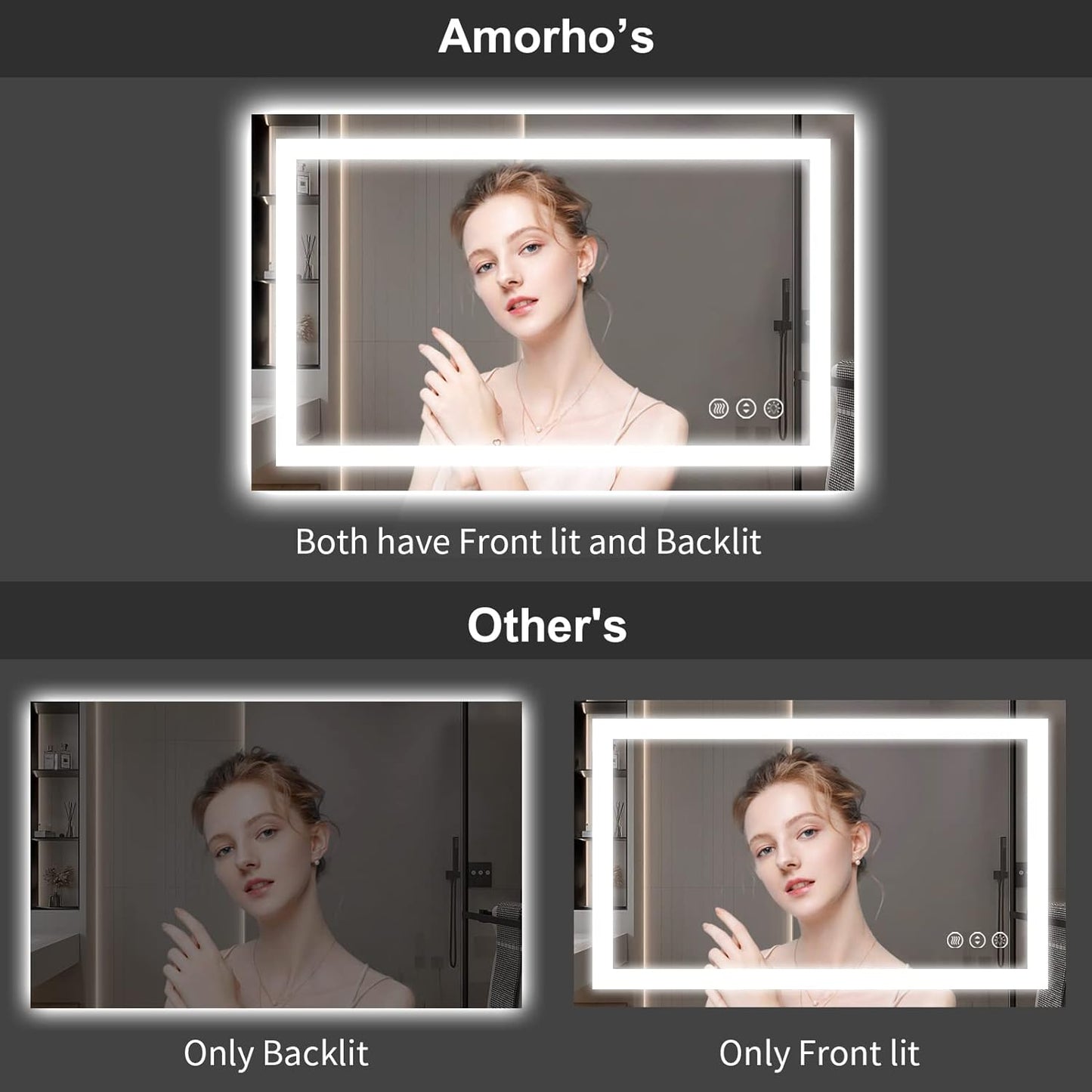 Amorho LED Bathroom Mirror 55"X40" with Front and Backlight, Stepless Dimmable Wall Mirrors with Anti-Fog, Shatter-Proof, Memory, 3 Colors, Double LED Vanity Mirror(Horizontal/Vertical)