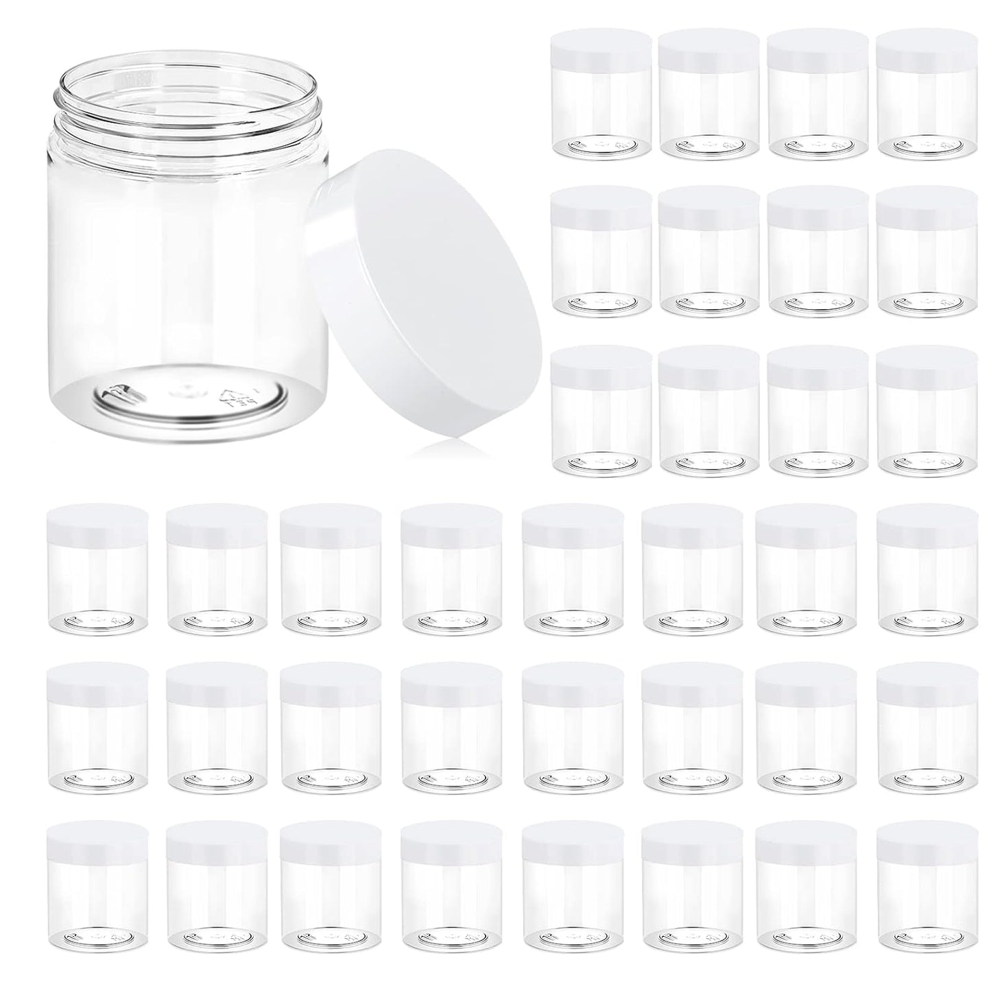 Eternal Moment 36 Pack 8 OZ Plastic Jars Round Clear Cosmetic Container Jars with White Lids, Perfect for Lotion, Slime，Cream, Ointments, Makeup, Eye Shadow, Samples, Pot, Travel Storage ﻿