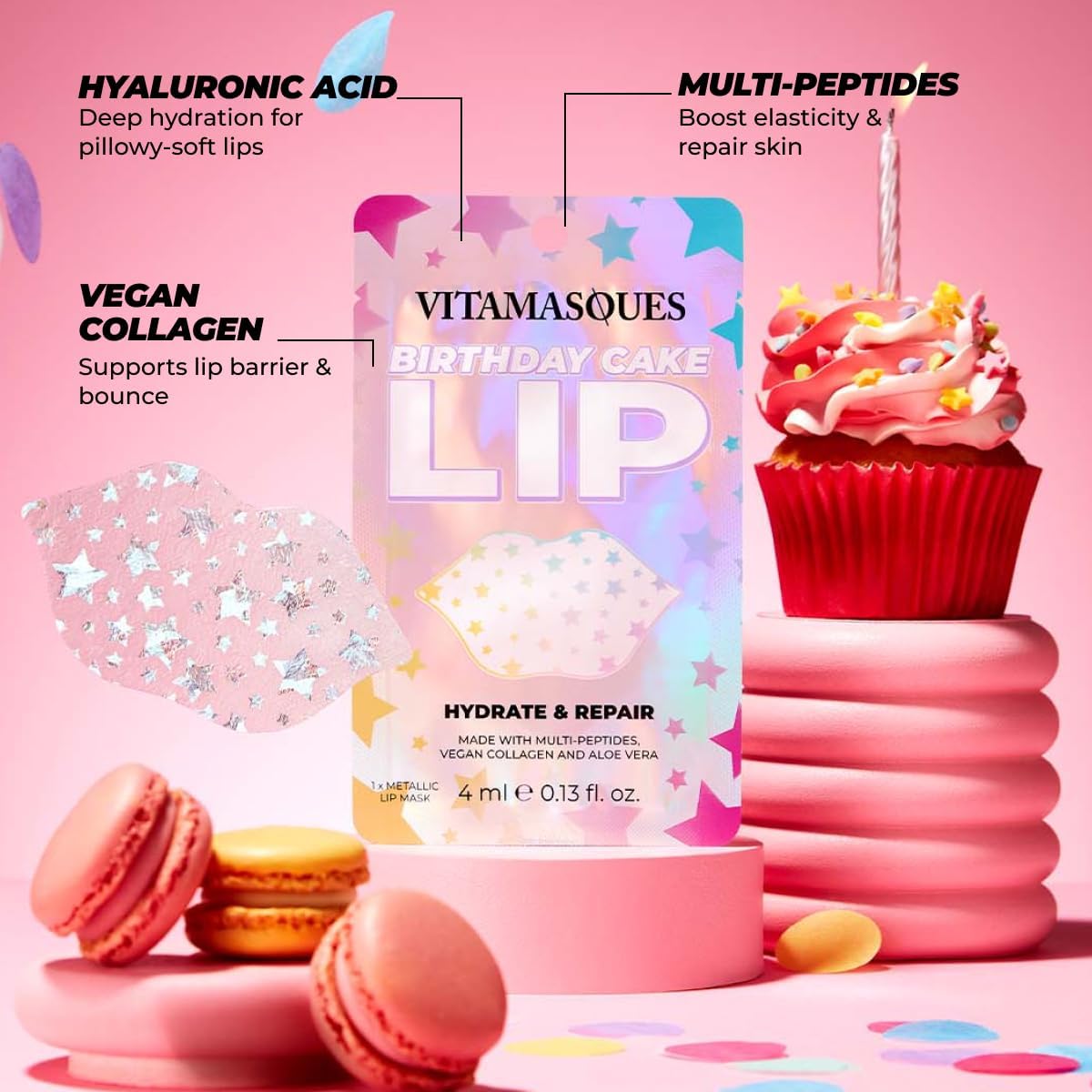 Vitamasques Lip Mask, 3-Pack -Birthday Cake Collagen Lip Mask Sheets, Repair for Dry & Chapped Lips - Nourishing & Hydrating - Vegan & Cruelty-Free Korean Skin Care